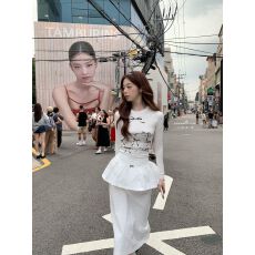 批发韩国ins蝴蝶结紧身长袖<b class='q'>T</b><b class='q'>恤</b>白色花边蓬蓬长裙女纯欲套装