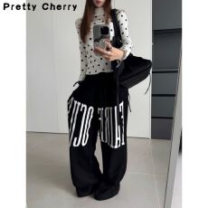 批发PrettyCherry2026春季美式复古休闲运动裤<b class='q'>男</b>女字母印花宽松阔腿裤