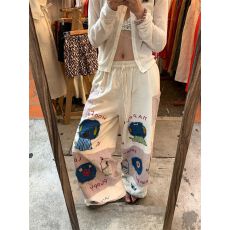 批发白色设计感小众涂鸦印花睡<b class='q'>裤</b>女高腰阔腿长<b class='q'>裤</b>高级宽松大码休闲<b class='q'>裤</b>子