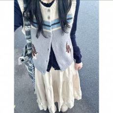 批发美式新款针织提花马甲春季百搭宽松卡通无袖背心学院开衫坎肩上衣