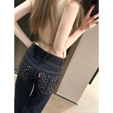 批发美式复古重工<b class='q'>钉珠</b>复古水洗低腰<b class='q'>牛仔裤</b>女秋季设计感宽松拖地长裤子