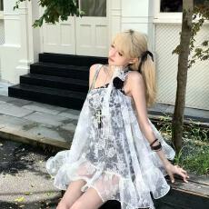 批发夏季新款法式纯欲辣妹设计蕾丝飘带罩衫豹纹连衣<b class='q'>裙套装</b>