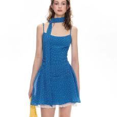 批发蜜桃家新品韩系清新克莱因蓝无袖<b class='q'>波点</b>吊带裙收腰显瘦度假风<b class='q'>连衣裙</b>