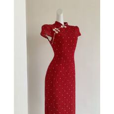 短袖长款连衣裙女新中式复古温柔修身显瘦时尚修身显瘦年轻款旗袍