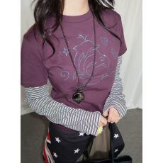 韩系条纹假两件长袖T恤女春季新款修身设计感烫钻短款打底衫上衣