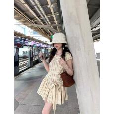 批发PtonUmi 奶芙芝士 圆领泡泡袖<b class='q'>蝴蝶结</b>绑带低腰甜美清新抽褶<b class='q'>连衣裙</b>