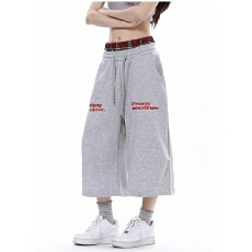 批发2026格子拼接双腰头运动短裤女美式宽松卫裤阔腿直筒休闲七分<b class='q'>裤子</b>