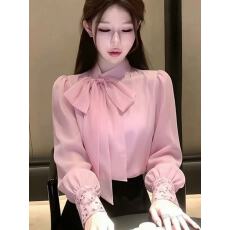 批发粉色衬衫女春2026洋气减龄独特漂亮蝴蝶结设计感高端法式小资上衣