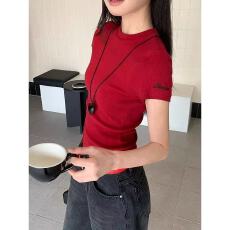 批发红色圆领正肩<b class='q'>紧身</b>字母绣花短袖夏季新款修身袖口百搭显瘦短款上衣