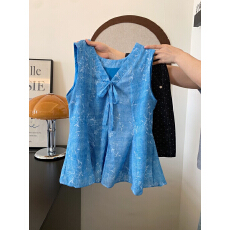 批发韩系甜美清新无袖时尚印花蝴蝶结夏季新款衬衫2026上衣