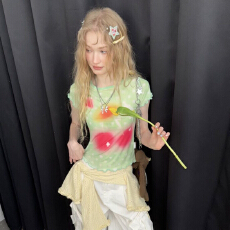 批发绿色波边<b class='q'>网纱</b>短袖T恤女夏季甜辣樱桃草莓波点印花设计感修身<b class='q'>上衣</b>