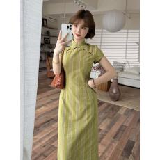 批发2026新款水滴型抽褶收腰复古条纹旗袍高贵裙子步生莲-夏季新中式