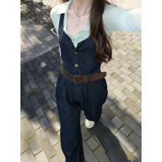 批发韩版<b class='q'>时尚</b>穿搭一整套复古清新牛仔高腰连体背带裤女+蓝色打底上衣