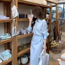 批发高级感假两件蓝色<b class='q'>衬衫</b>连衣裙女春季小众设计显瘦气质POLO长裙