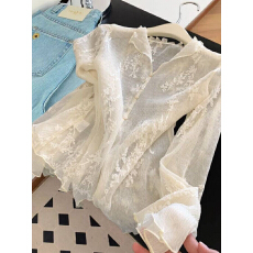 批发设计感重工刺绣<b class='q'>蕾丝</b>V领<b class='q'>长袖</b>开衫女春秋法式气质百搭休闲薄款上衣