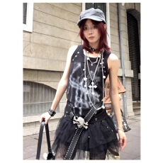 批发小众别致黑色纯棉字母印花辣妹圆领正肩<b class='q'>无袖</b>背心轻亚文化辣妹上衣