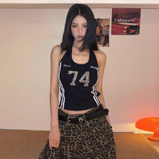 批发DoubleD美式<b class='q'>街头</b>辣妹豹纹印花运动风挂脖吊带背心女修身显瘦上衣