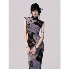 批发中式国风设计优雅绝美印花无袖<b class='q'>连衣裙</b>女夏季新款复古收腰显瘦裙子