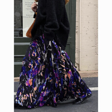 批发复古碎花褶皱高腰半身裙女春季款显瘦百搭大裙摆长裙印花气质半裙