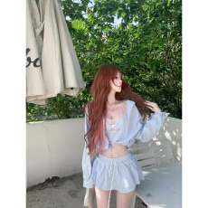 批发三件套女2026秋季新款甜辣妹格子衬衫外套<b class='q'>蕾丝</b>吊带背心高腰半身裙