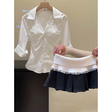 批发美式蕾丝拼接修身<b class='q'>长袖</b><b class='q'>衬衫</b>女春季气质辣妹黑色半身身短裙两件套装