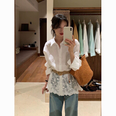 批发韩系白色蕾丝拼接<b class='q'>衬衫</b>女<b class='q'>长袖</b>法式温柔氛围感气质宽松百搭显瘦上衣
