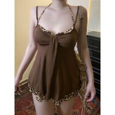 WEEKEEP 古早感辣妹豹纹拼接串珠挂脖系带露背吊带宽松显瘦背心