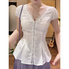 批发法式蕾丝拼接V领<b class='q'>衬衣</b>泡泡袖遮肉<b class='q'>衬衫</b>2026夏季新款<b class='q'>修身</b>多巴胺上衣