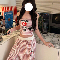 批发ins网红爆款夏季新款复古美式辣妹条纹印花抹胸+阔腿休闲<b class='q'>裤</b><b class='q'>套装</b>潮