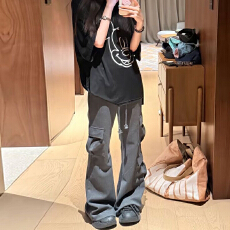 批发ins网红复古辣妹美式工装口袋拼接<b class='q'>百搭</b>显瘦微喇裤