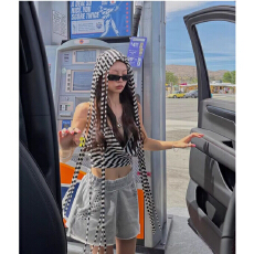 批发<b class='q'>欧美</b>性感街头辣妹风撞色条纹夏季女绑带露背挂脖连帽无袖背心上衣