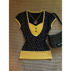 批发美式y2k可爱风拼接黑色波点T恤女短袖复古掐腰千禧辣妹小众上衣