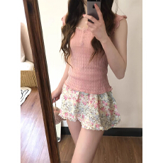 批发法式温柔风套装女春夏新款纯欲气质粉色短款上衣碎花短裙两件套女