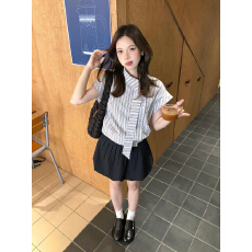 韩系简约学院风不规则无袖飘带条纹衬衫女+花苞高腰短裙两件套装