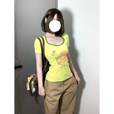 批发miu系u领<b class='q'>个性</b>水果印花减龄撞色打底<b class='q'>T</b><b class='q'>恤</b>夏季甜美修身百搭短袖上衣