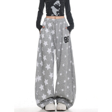 批发美式复古星星印花<b class='q'>运动</b>休闲裤女春季新款宽松显瘦<b class='q'>百搭</b>直筒阔腿卫裤