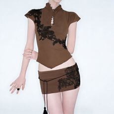 批发中式复古蕾丝<b class='q'>立领</b>短袖上衣半裙两件套辣妹低腰系带包臀短裙套装