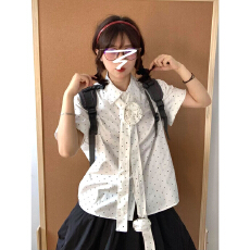批发设计感小众法式<b class='q'>白色</b>短袖衬衫女波点印花飘带衬衣学院风休闲上衣夏