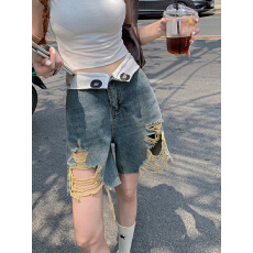 批发小众设计感破洞毛边复古外穿<b class='q'>牛仔</b>裤<b class='q'>高腰</b>显瘦<b class='q'>短裤</b>薄款夏季中性ins