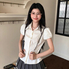 批发小个子法式短袖衬衫女夏季甜美百搭波点修身显瘦翻领<b class='q'>泡泡袖</b><b class='q'>上衣</b>女