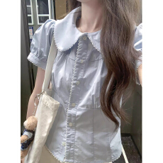 批发日系娃娃领短袖衬衫女生夏季小个子设计感衬衣短款半袖<b class='q'>泡泡袖</b><b class='q'>上衣</b>