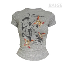 批发正肩纯棉修身豹纹复古港风烫印常规<b class='q'>个性</b>透气短袖上衣