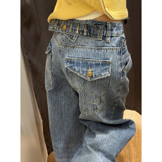 批发大码复古水洗设计感刺绣竹节纹牛仔裤女美式水洗直筒宽松百搭<b class='q'>长裤</b>