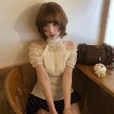 批发一字肩荷叶边子假两件挂脖<b class='q'>雪纺</b>衬衫女夏季纯欲小个子波点半裙套装