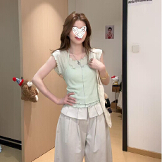 批发冰感针织假两件T恤女夏季纯欲风<b class='q'>可爱</b>薄荷绿木耳边遮肚子上衣外穿