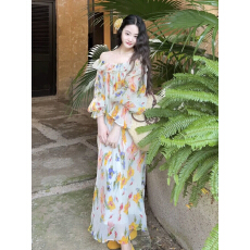 批发大码女装胖mm法式花朵压褶设计宽松连衣裙春<b class='q'>夏</b>新款度假休闲裙子