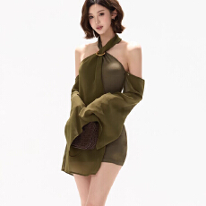 批发#棕榈漫影#雪纺拼接挂脖露肩连衣裙度假风辣妹短裙子