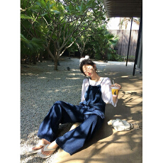 批发日系爆款牛仔背带裤女春秋潮流新款高腰显瘦宽松<b class='q'>阔</b><b class='q'>腿</b>连体直筒长裤