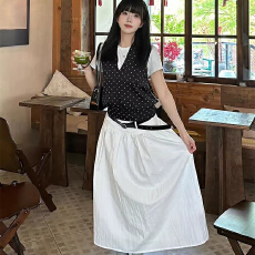 批发春夏学院风黑色波点挂脖V领<b class='q'>背心</b>+白色短袖T恤上衣+半身<b class='q'>长裙</b>三件套