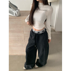 批发美式复古双腰头<b class='q'>运动</b>休闲卫裤女宽松直筒阔腿长裤子潮